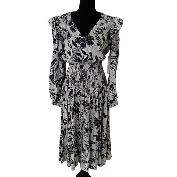 Aqua Women's Multicolor White Linen Blend Smocked Dress Size S - NWT MSRP $118 - Picture 1 of 8